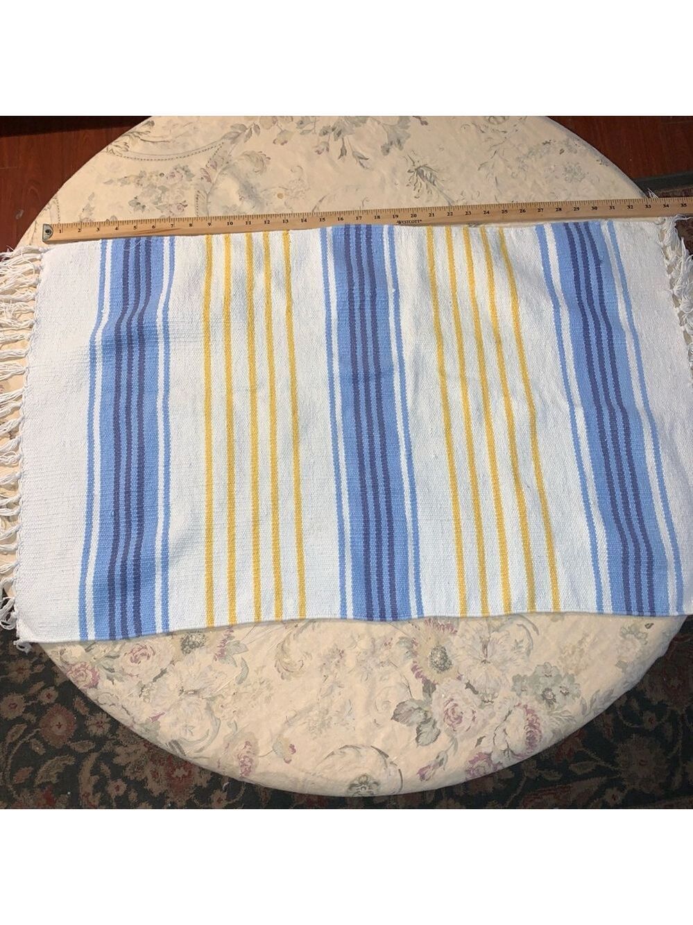 Woven cotton Rug White Blue Yellow Striped small